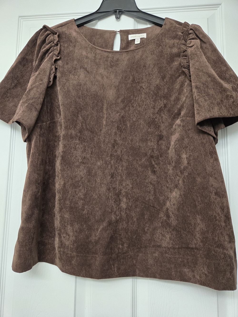 crown & ivy Brown Cordouroy Puff Sleeve Top